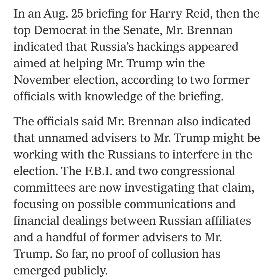 10/ Given Brennan briefed Harry Reid on August 25, 2016, and 2 days later Reid sent a letter to  @Comey with information from the dossier, it is likely that Brennan perjured himself to HPSCI regarding foreknowledge of the Steele Dossier.  https://www.nytimes.com/2017/04/06/us/trump-russia-cia-john-brennan.html