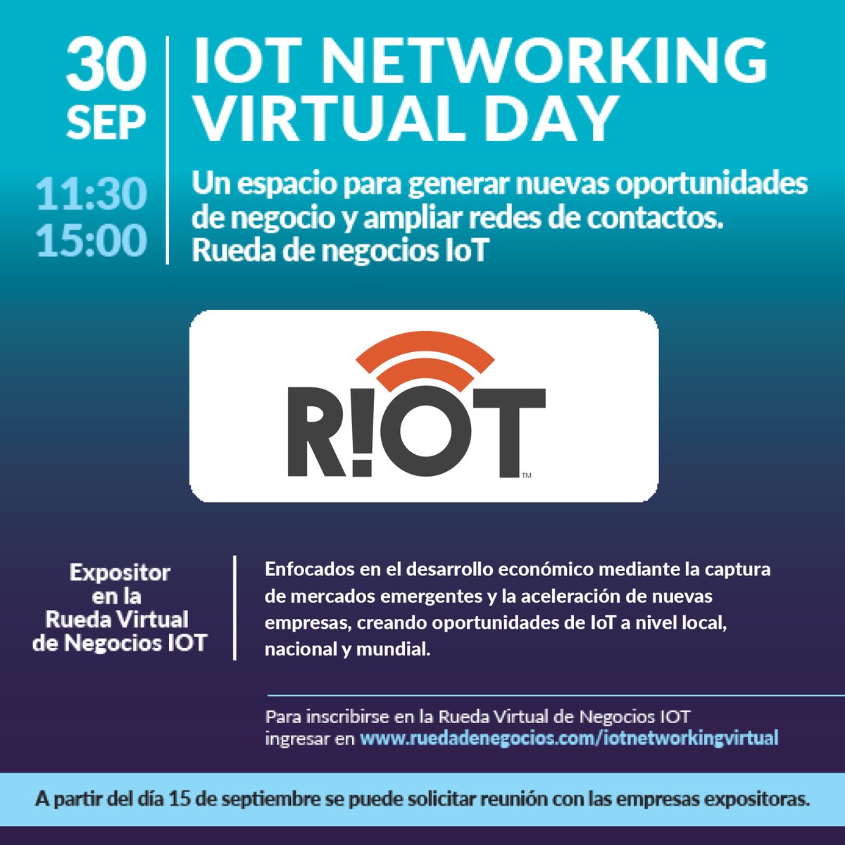 CabaseAr's tweet photo. #IOTNETWORKINGVIRTUALDAY
La rueda de negocios cuenta con la participación de #RIOT!
¡No te lo pierdas!
Para ver agenda e inscripciones acá ingresa aquí -> https://t.co/ad6VYirQDP https://t.co/vlIKzSGYgy