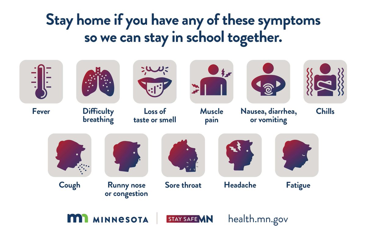 Our schools need your help. Stay home if you feel sick. For more, read the <a href="/mnhealth/">mnhealth</a> attendance guide: 
English: health.state.mn.us/diseases/coron…
Hmong: health.state.mn.us/diseases/coron…
Somali: health.state.mn.us/diseases/coron…
Spanish: health.state.mn.us/diseases/coron…