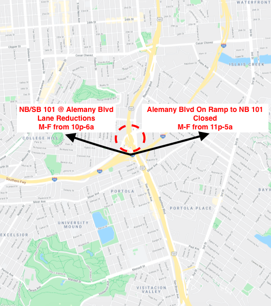 CaltransD4's tweet photo. #101AlemanyProject Overnight lane and ramp closures each night this week Monday through Friday #BeWorkZoneAlert @Tony_D4Director
Traffic Advisory here https://t.co/D7x1yoahq4
NB/SB 101 from 10p-6a
NB 101 Alemany onramp from 11p-5a https://t.co/PkdnxP4Nuv