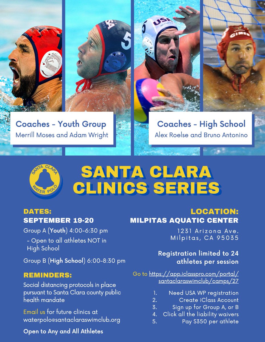 midpenwaterpolo's tweet photo. Water polo clinics on Sep. 19–20 at Milpitas High School. There are limited spots due to COVID. Registration is here:
https://t.co/yW3AA7tIQ5
Coach Bruno is teaching the High School Goalie Clinic on Sep. 19–20.
Stay safe, and remember 2 m! #midpen #justaddwater #waterpolo https://t.co/CDOv3sUR80