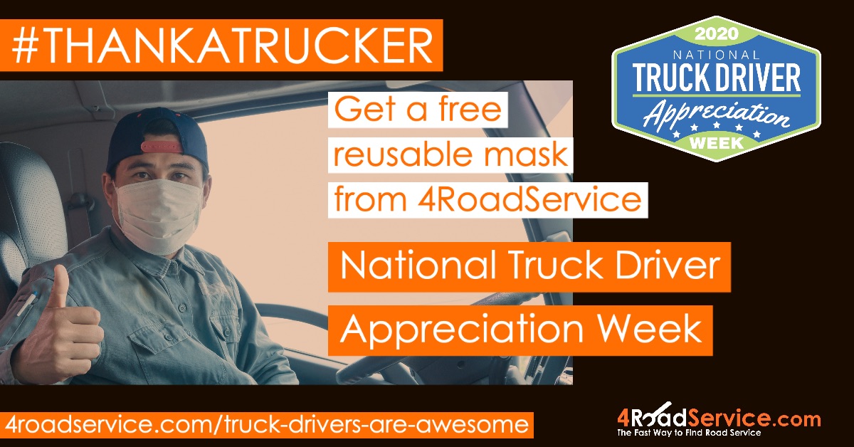 4RoadService's tweet photo. To celebrate National Truck Driver Appreciation Week we are #ThankATrucker-ing by giving away reusable masks. Grab one at 
https://t.co/qHiJijA1Vj https://t.co/Af7BZ3ToIG