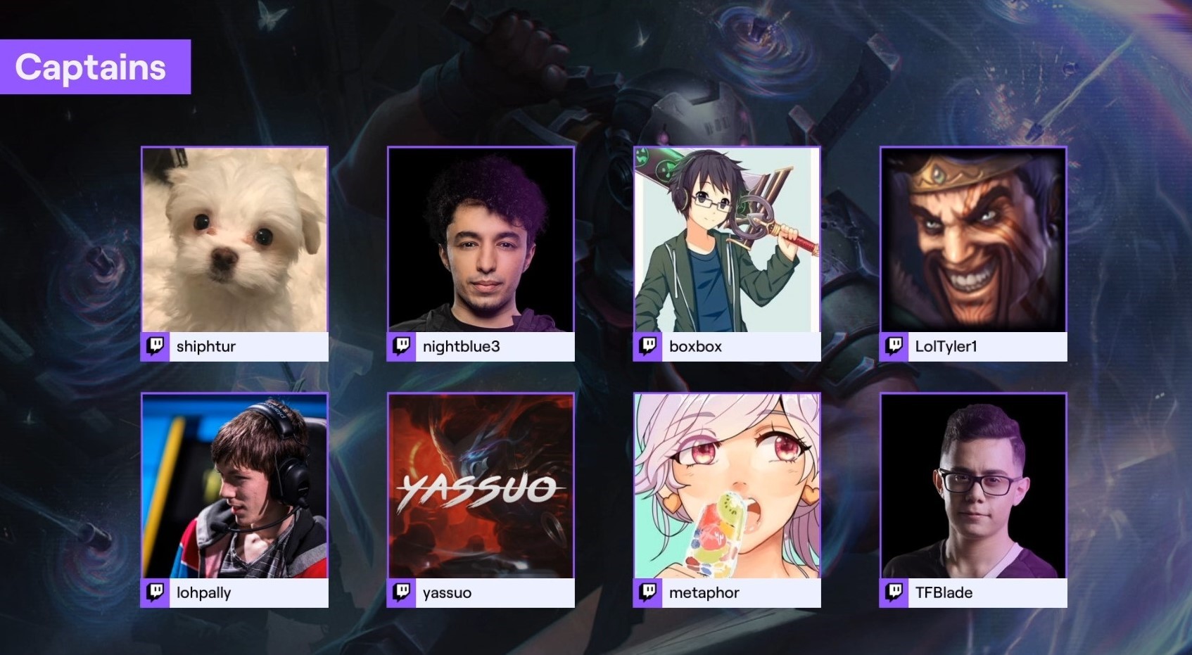 Twitch Esports on X: Over 100+ of your favs have a chance to be in the  Twitch Rivals: @LeagueOfLegends Draft Showdown #4 during the Draft show ft.  captains @loltyler1 @Yassuo @BoxBox @tfblade @