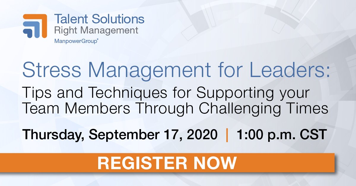 rightmanagement's tweet image. Are you a leader striving to better manage stress in your team during these challenging times? You're not alone. Right Management will dive into tactical tools and resources to help you keep your team on track. Join us on September 17. hubs.ly/H0wcLPp0