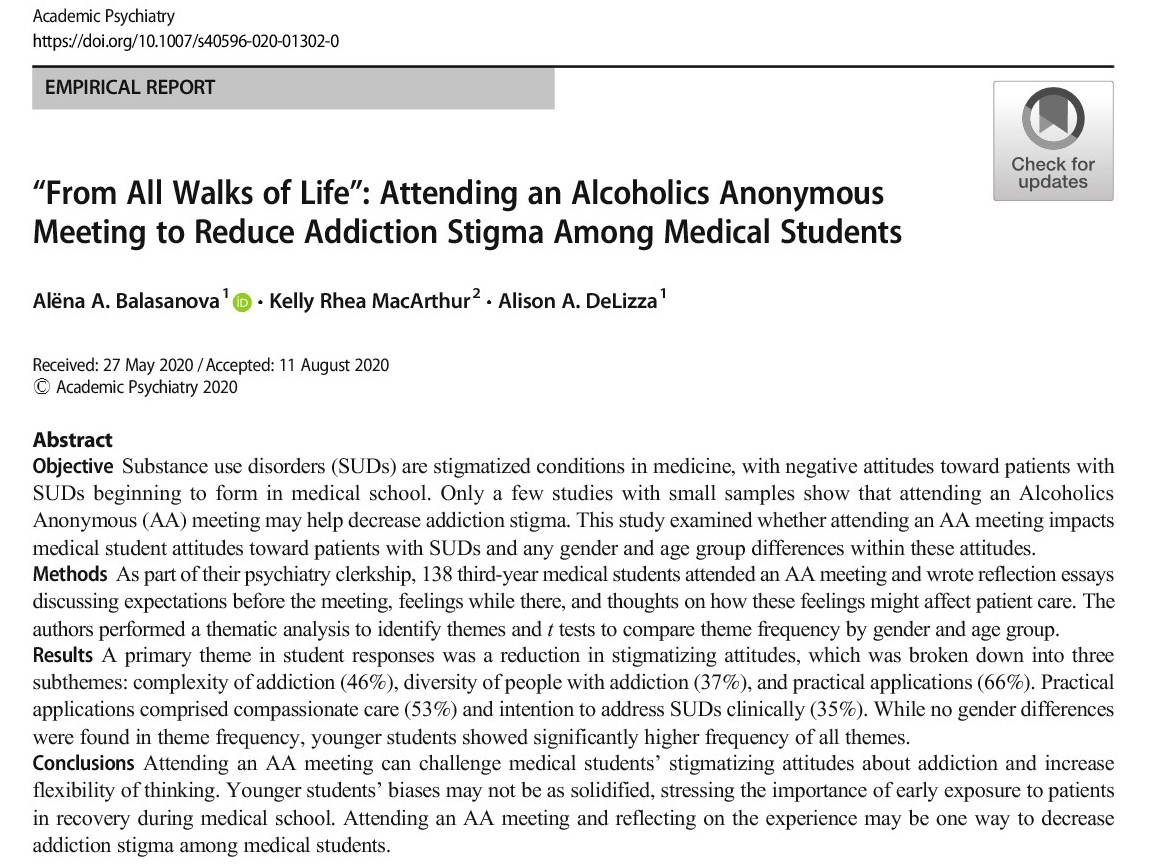 DrPsychMD's tweet photo. THRILLED🙌to share our new investigation in @AcadPsychiatry:

“From All Walks of Life”: Attending an Alcoholics Anonymous Meeting to Reduce Addiction Stigma Among Medical Students
 
🙏to superstar coauthors @KellyRheaMac &amp; @ADelizza! 

#MedEd #MedTwitter

https://t.co/O52R1fC3z4 https://t.co/NW3Zb5Nvlf