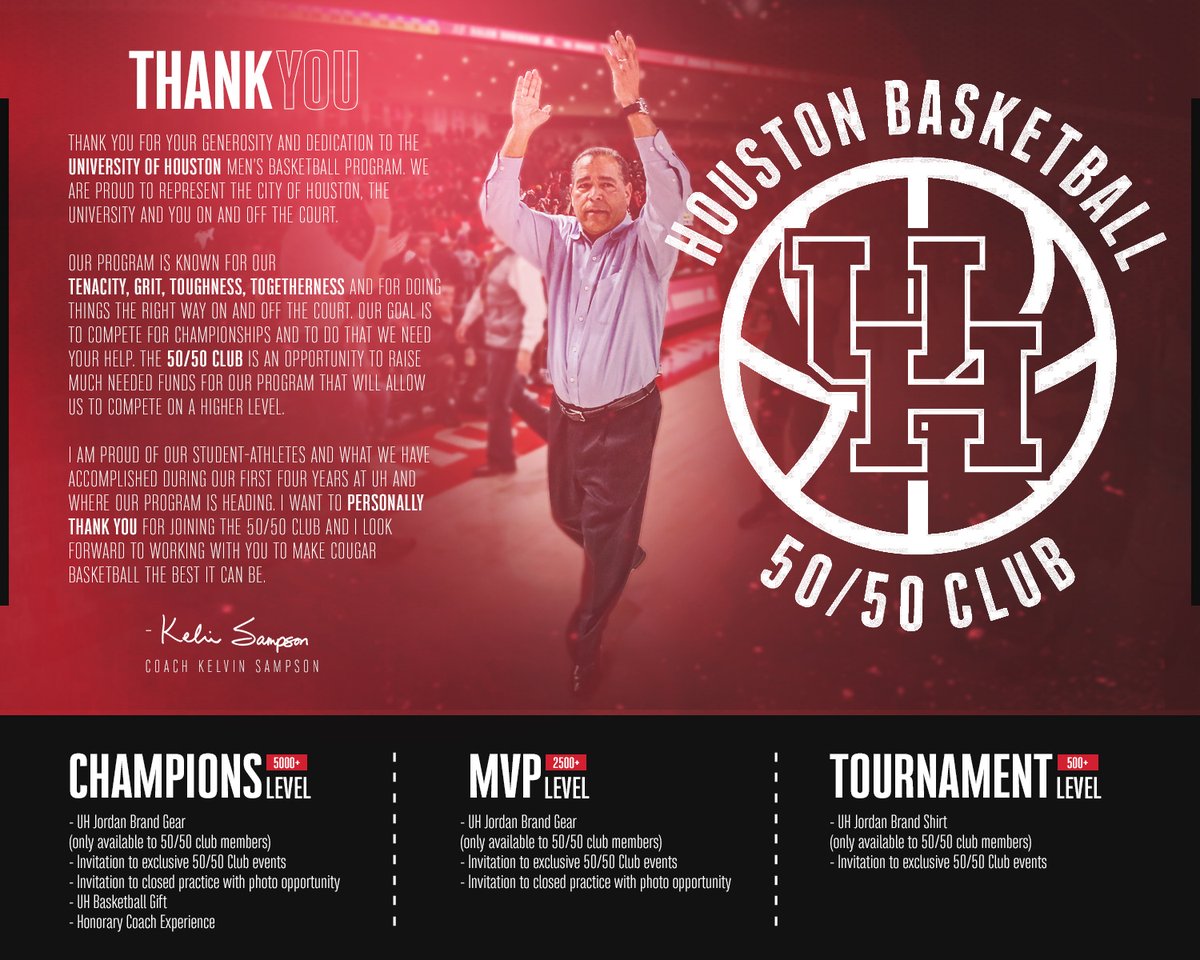 UHCougarMBK's tweet photo. Join 50-50 Club today to support Houston Basketball &amp; receive exclusive benefits

Sign up today &amp; hear from @CoachSampsonUH in Zoom call with members Wednesday

#ForTheCity x #GoCoogs

READ – https://t.co/Vx0vjOPl60 https://t.co/Yv8t5GIRsi