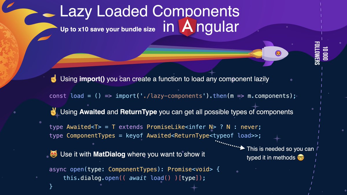 💡 #Angular 🚀🦊 tip for the day! Do you want to reduce your bundle size even more? Using import('./component') you can load any component lazily and use it in any case. Let's figure it out! 😻 stackblitz.com/edit/angular-l…