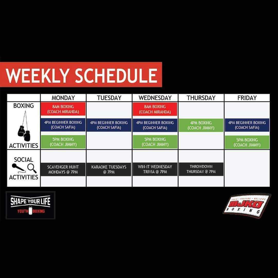SYLboxing's tweet photo. UPDATED online youth boxing/social activities schedule. Online programs brought to you by MJKO Boxing & SYL. All classes will be LIVE on the MJKO socials.
.
To watch, follow MJKO:
IG: https://t.co/ZYe77WN5Oh
FB: https://t.co/nCoRO9neOE
.
#SYLBoxing #SYLYouth #MJKO #MJKOBoxing https://t.co/BIBtmAF3yH