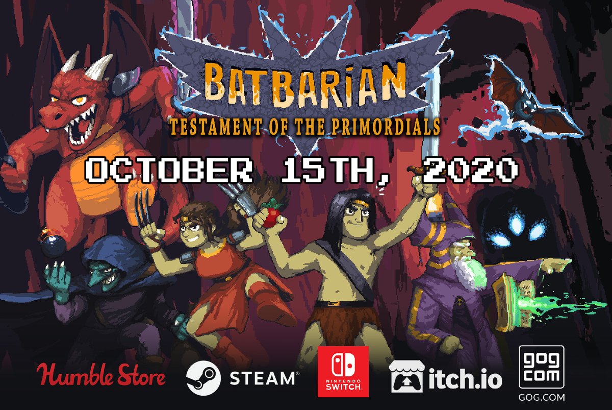 batbarian's tweet photo. IT'S OFFICIAL! WE CAN FINALLY SAY IT!
Batbarian: Testament of the Primordials will be released October the 15th on PC &amp; #Switch !

#metroidvania #pixelart #indiegames #madewithunity #itchio #GOG #Steam #HumbleStore #platformer #puzzle #RPG #batbarian #videogames https://t.co/n2o9si5dy9
