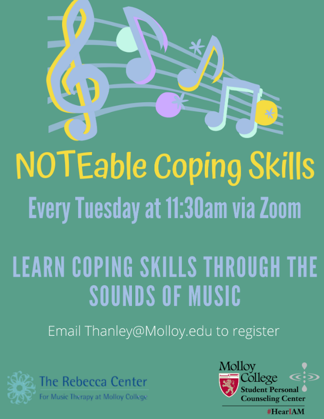 Rebecca_Center's tweet photo. The Student Personal Counseling Center and the Rebecca Center join together to provide students innovative and creative strategies to improve your mental and emotional wellness. This wellness workshop is open to all currently enrolled Molloy students. 
See flyer for how to enroll https://t.co/GiUl1ERxEX