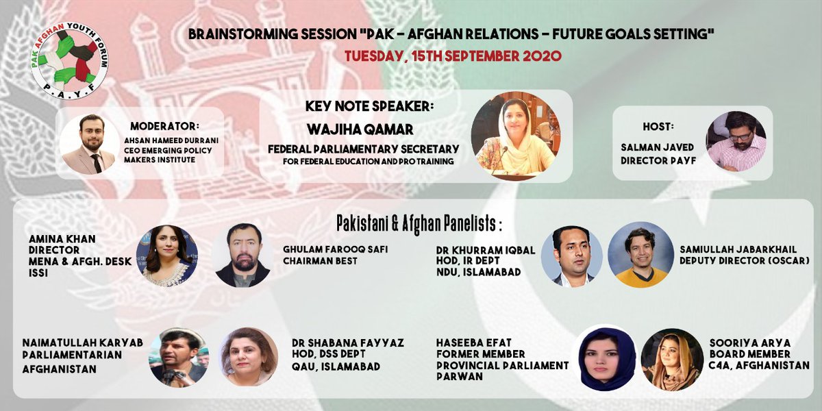 A historic time dawns in the backdrop of #IntraAfghanTalks.

#PAYF invites you to join a brainstorming session today at 2:30 pm pst with a distinguished panel from both side of the borders to discuss bridging options & new ideas for the ppl of two nations: Pakistan & Afghanistan.