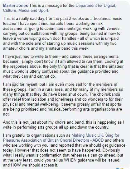 .<a href="/OliverDowden/">Oliver Dowden</a> can I bring to your attention the plight of many choirs, bands, orchestras and performing arts groups who are struggling to understand if they can meet or not? The issue is explained in this snippet from a FB group chat.