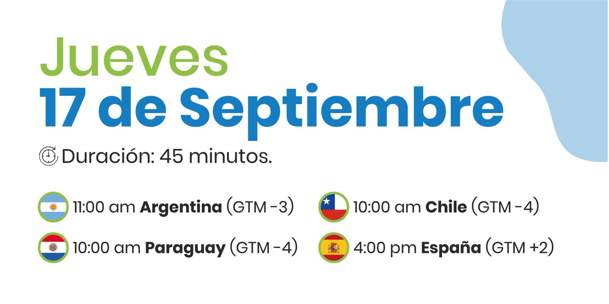 QuallieApp's tweet photo. 🤖¿Cuándo?
El Jueves 17 de Septiembre

🤖¿A qué hora?
🇦🇷 11:00 am Argentina (GTM -3)
🇵🇾 10:00 am Paraguay (GTM -4)
🇨🇱 10:00 am Chile (GTM -4)
🇪🇸 4:00 pm España (GTM +2)

🤖¿Dónde y cómo?
Se accede mediante Zoom. Requiere previa inscripción. Link: https://t.co/PH2adNAdP5 https://t.co/V27MnDKV9Q