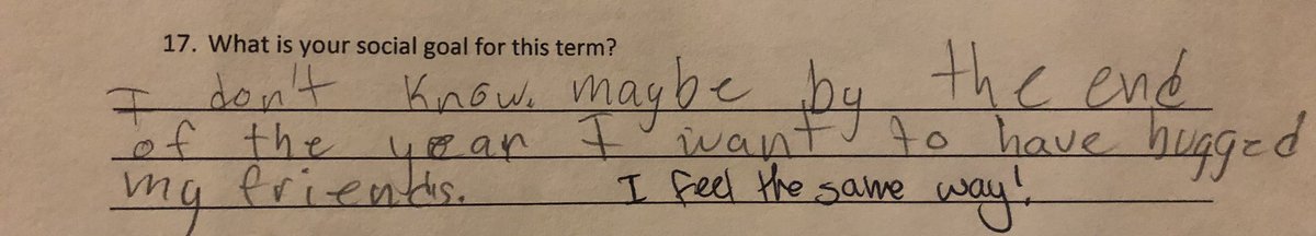 cre8tolearn's tweet image. Reading through my class surveys and learning so much. Came across this social goal and almost cried. #covidTeaching #IMissHugs