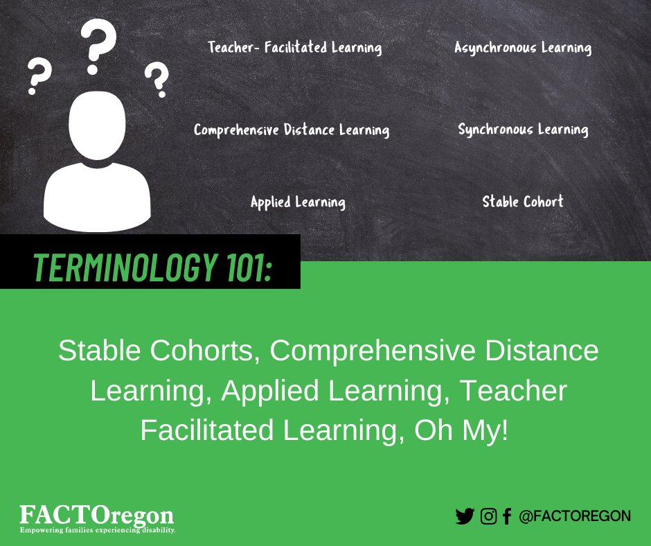 FACTOregon's tweet photo. Applied Learning, Stable Cohort, Synchronous and Asynchronous Learning.... OH MY! This week we'll be sharing the definitions to the most commonly used terminology for the 20-21 school year and how to apply it to your child's IEP. #EquippingFamilies #FACTOregon #Youarenotalone https://t.co/bSWo5aDhrW