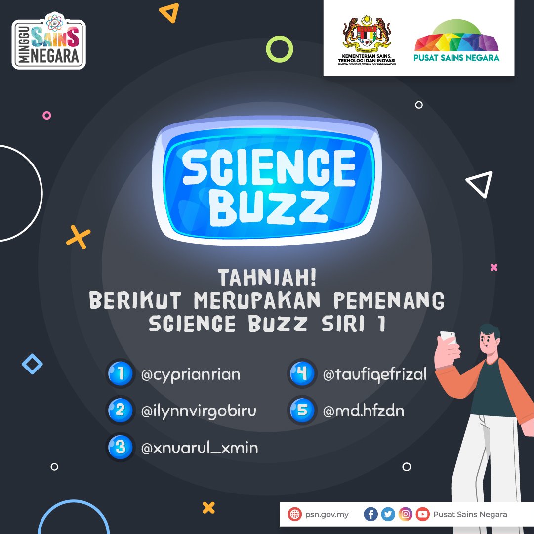 MyScienceCentre's tweet image. Tahniah kepada 5 pemenang peraduan Science Buzz Siri 1. Tepat dan Pantas, itu yang dimahukan. Nantikan siri yang seterusnya di masa akan datang.

*Tertakluk kepada terma &amp;amp; syarat

#sciencebuzz #pusatsainsnegara #mosti #jomterokaisains