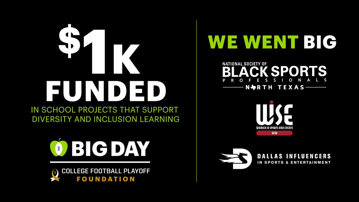 WISE_DFW's tweet photo. Celebrating today’s #BigDayforTeachers, the @CFBPlayoff Foundation (@CFPExtraYard), in collaboration w/ #WISEDFW, @DISEorg &amp; #BSP-NTX funded $1,000 in school projects that support diversity &amp; inclusion learning projects in DFW! 🍏🏈🏆

#CFBPlayoff • #CFPExtraYard • #EYFTWeek https://t.co/4xIeEf7TZB