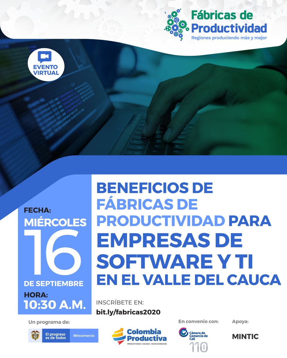 camaracali's tweet photo. #AtenciónEmpresario del sector Software y TI, te invitamos a a participar en la socialización del programa #FábricasDeProductividad este miércoles a las 10:30 a.m. Conéctate y descubre todos los beneficios que tiene para tu negocio.
Regístrate aquí 👉 https://t.co/TSx6eUEKJg https://t.co/xwUQMPmiH7