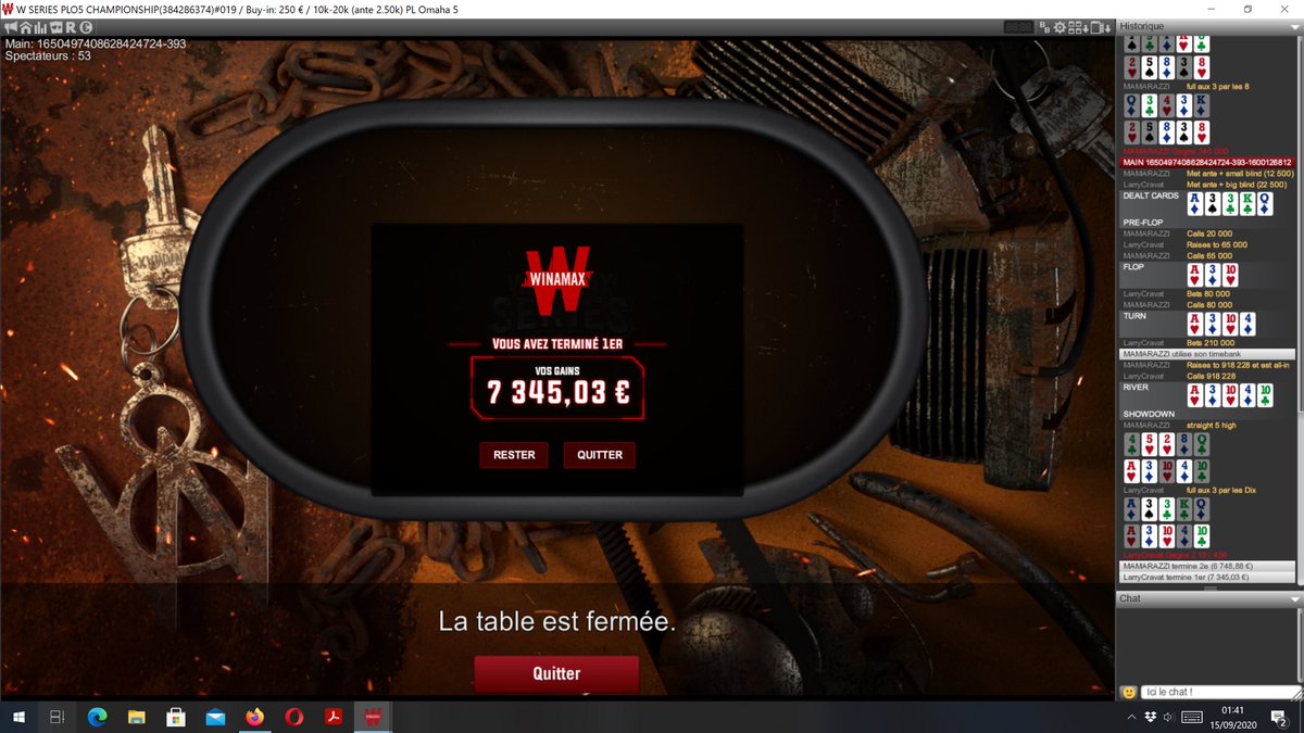 La win dans le PLO5 des #WinamaxSeries pour mon seul tournoi depuis des mois #LeVieuxBougeEncore