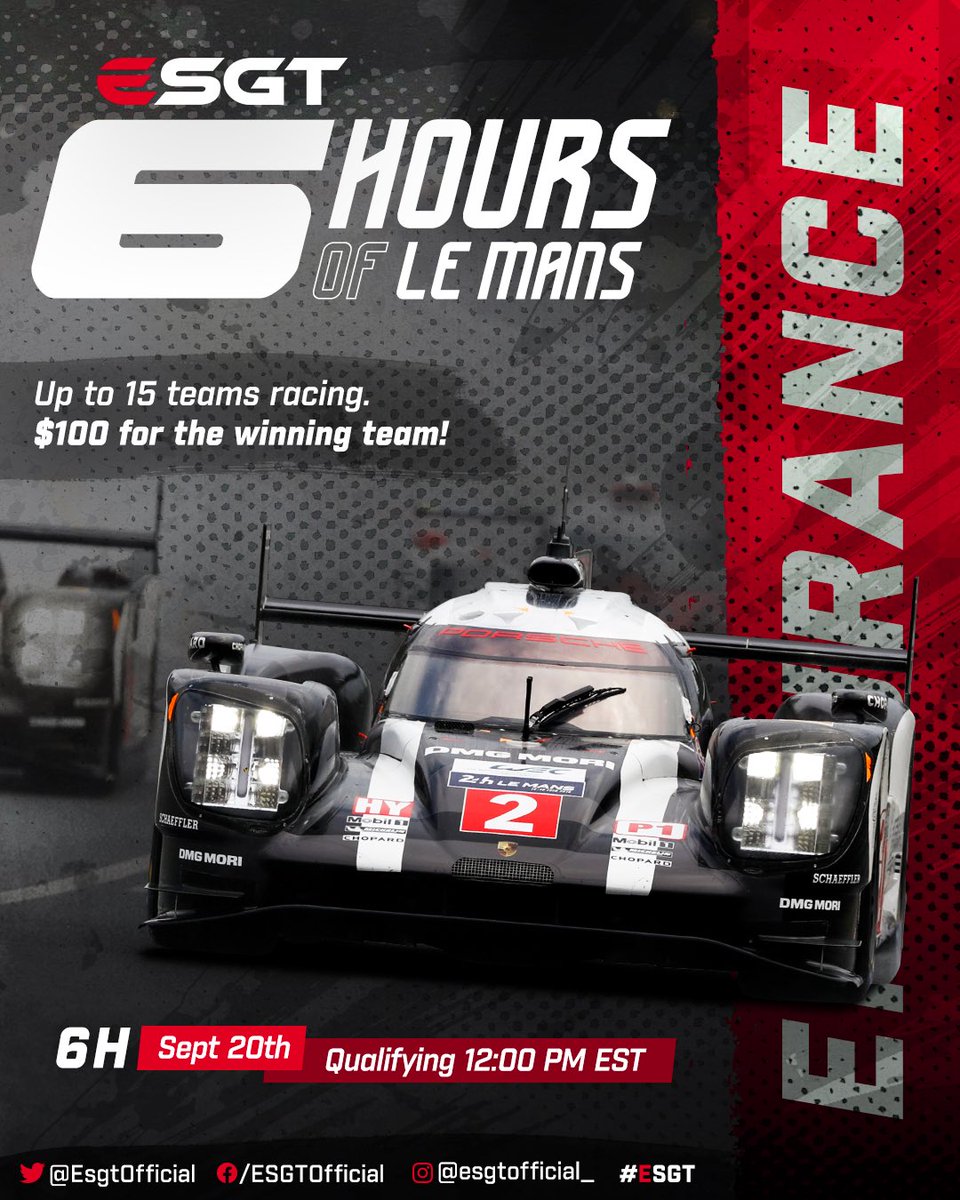 In celebration of the <a href="/24hoursoflemans/">24 Hours of Le Mans</a>, we are running a special event!

ESGT introduces the 6 Hours of Le Mans! 6 hours, 3 stints, LMP1 cars, 15 teams, a legendary French circuit, and $100 prize! DM us for our Discord link to learn more!

#ESGT | #GTSport | #LeMans
