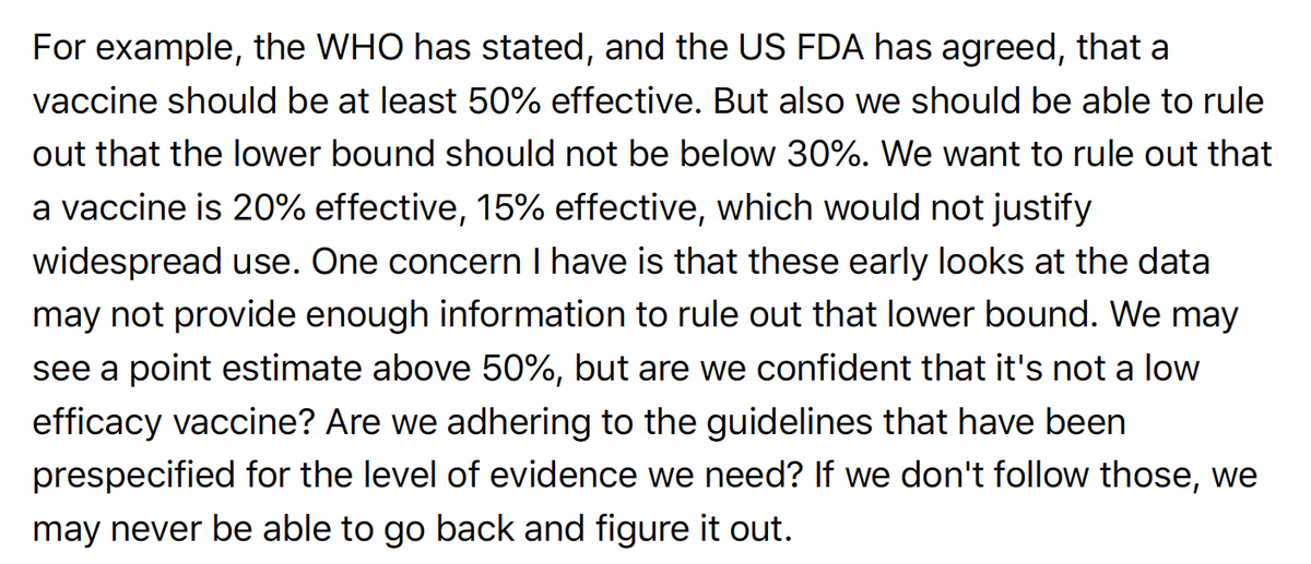 5. What should be the criteria for efficacy of a  #SARSCoV2 vaccine?WHO and FDA have agreed on 50%, but that is a point estimate with 95% lower confidence intervals that can't/shouldn't be too low (like only 15 or 20% effective)