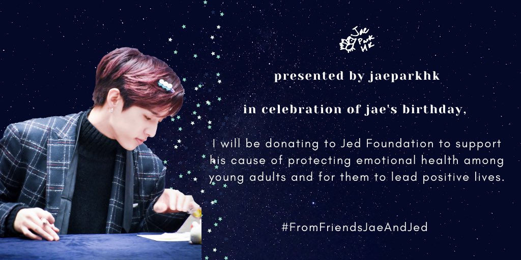 eajparkhk's tweet photo. “More than love” 💓

🎈2020 birthday project for
❤️ @Jae_Day6 

🎁donation goes to: @jedfoundation 

“Extending a helping hand to whomever, wherever there is a need for such.”

With love,
From Jaeparkhk

#HappyJaeDay 🥳

#FromFriendsJaeAndJed https://t.co/yif0VdL8bJ