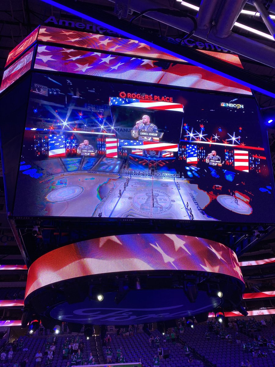 thecelenarae's tweet photo. @goldenpipeslv so great to see you and hear on the big screen here at the @AACenter for the @DallasStars official watch party! No other person I’d rather share the stage with! It’s you and me buddy! #anthemsingersunite https://t.co/rq3lWolrAa