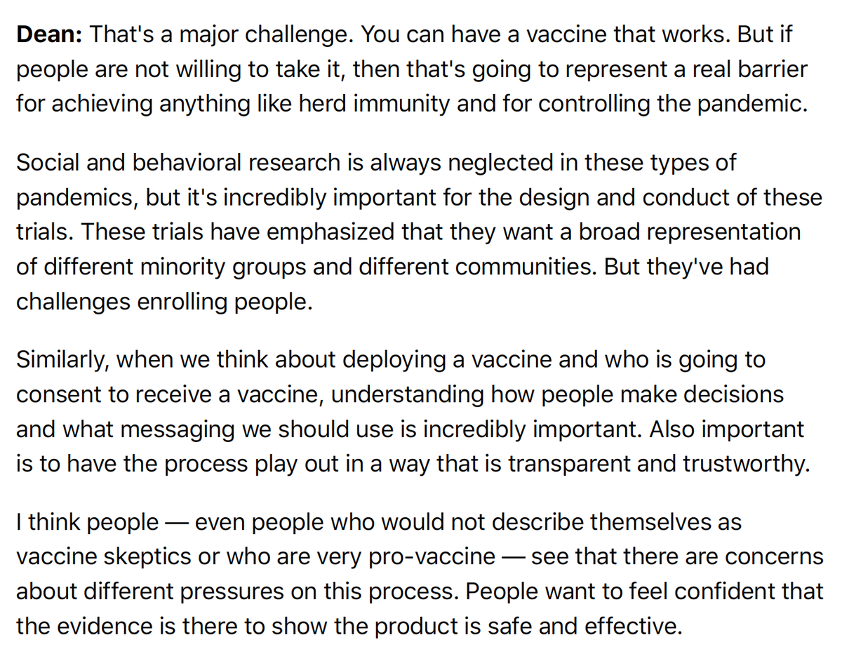 8. Efficacy is not a simple yes/no."It's possible that a vaccine to make people less symptomatic but they could still be infectious to others" (which means using masks for awhile)and many other nuances.It will take time to get to 80% coverage