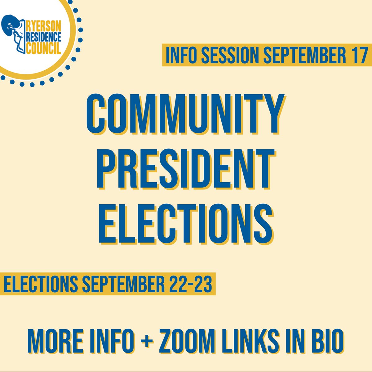 Residence Council Community President Elections are coming up! 🤩 
✅Represent your community
✅Plan amazing events
✅Meet new people! 

✨ More info on our website! 
📲 DM us if you have any questions!