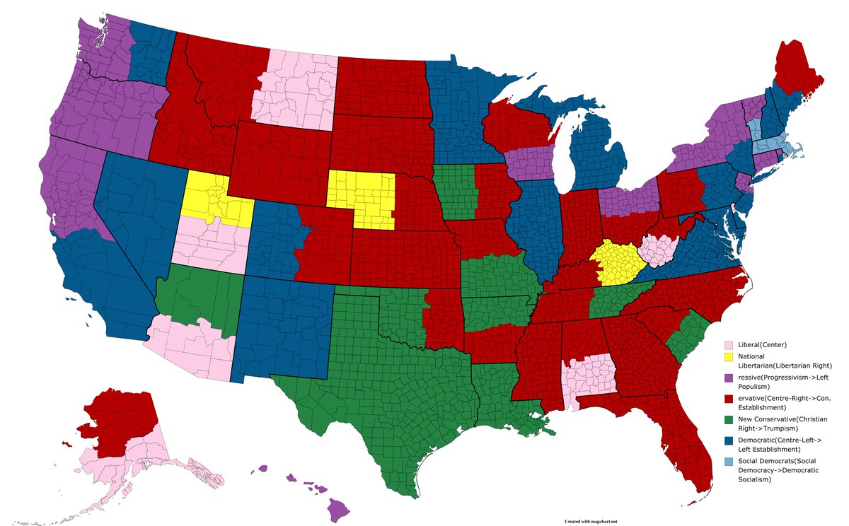 nickypoo_MO's tweet photo. Similar idea to my post about a multi-party house, this map is each senate seat's party affiliation (under my theoretical parties) based on the ideological leanings of their senators https://t.co/oI31t0X2pW