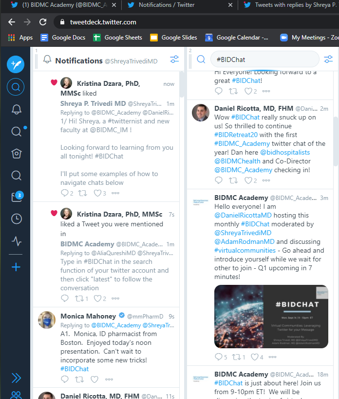 ShreyaTrivediMD's tweet photo. @Mvgs1706 @KristinaDzara @mmPharmD @BIDMC_Academy @DanielRicottaMD @AdamRodmanMD @BIDMC_IM @meggerber @PaulSaxMD Seeing this now! https://t.co/2DqW0eLfTd allows you to navigate following things on twitter easier, but for twitter chats you can see notifications and the latest tweets under the hastag you put in the search like this: #BIDchat https://t.co/NQNK1QpVY6