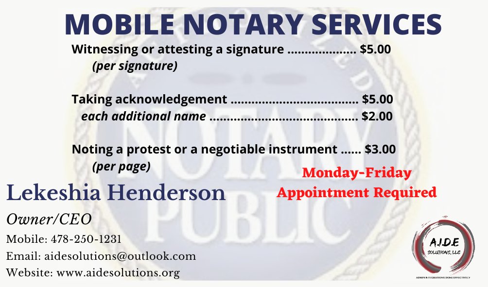 AIDESolutions's tweet image. In need of Notary Services? AIDE Solutions is now serving the Middle GA Area!