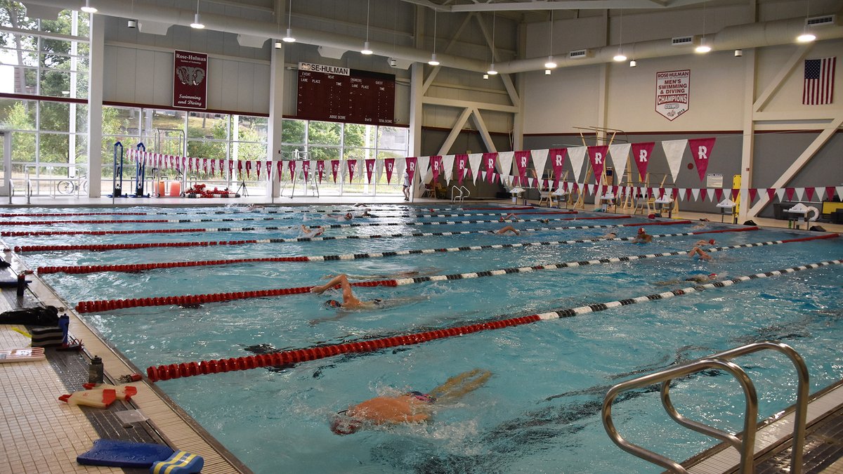 rhitsports's tweet photo. SWIM-DIVE: Practice is underway for the swimming and diving teams!  The squad stayed six feet apart with swimmers started at both walls and one set of swimmers in the middle to maintain social distancing.  #GoRose https://t.co/4eVAxAEgHG