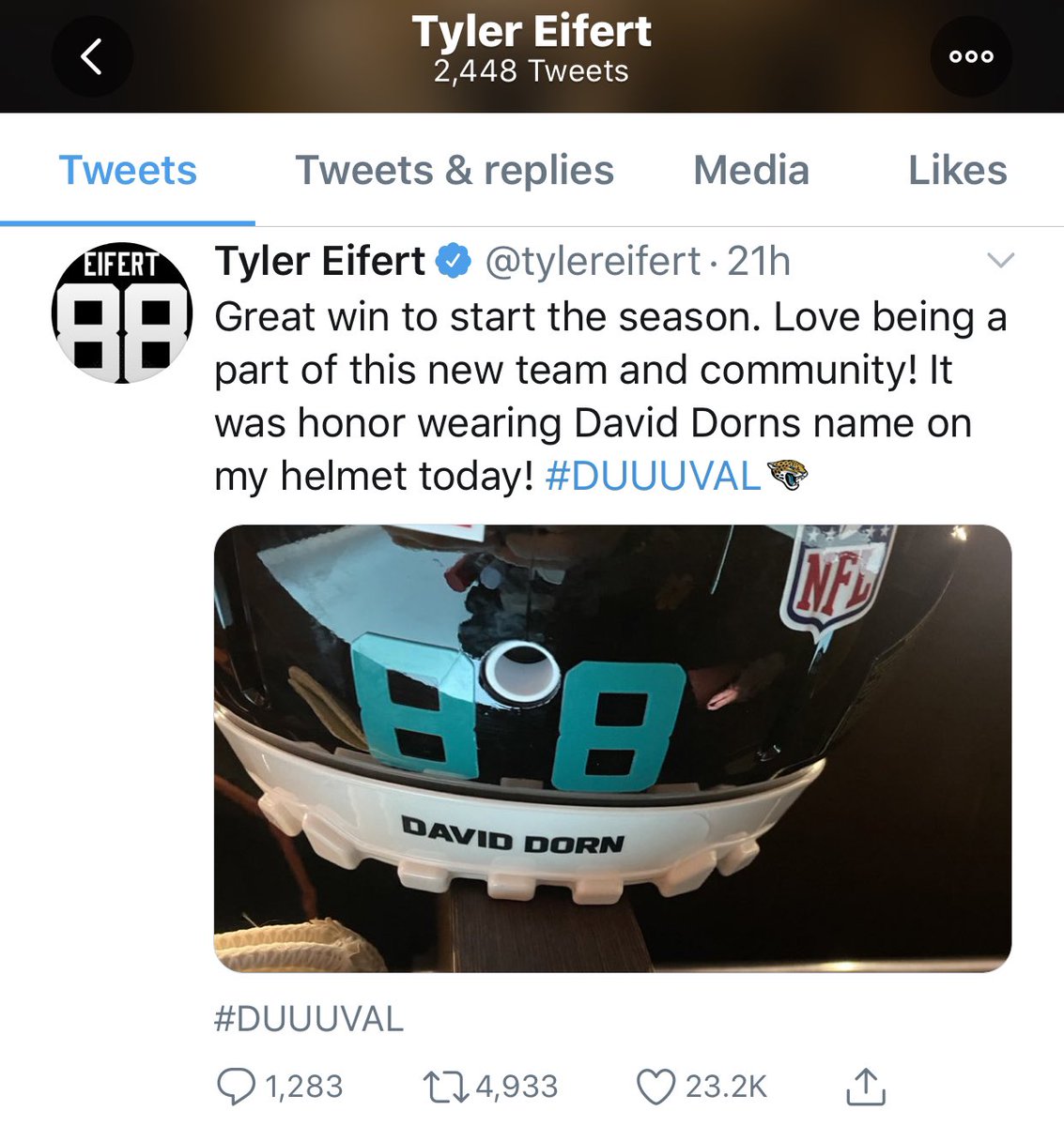  @tylereifert used the NFL’s helmet decal provision to list David Dorn’s name which has been used by white nationalists online as anti-Black whataboutism to dismiss police brutality protests and victims.  https://twitter.com/tylereifert/status/1305300918762647557