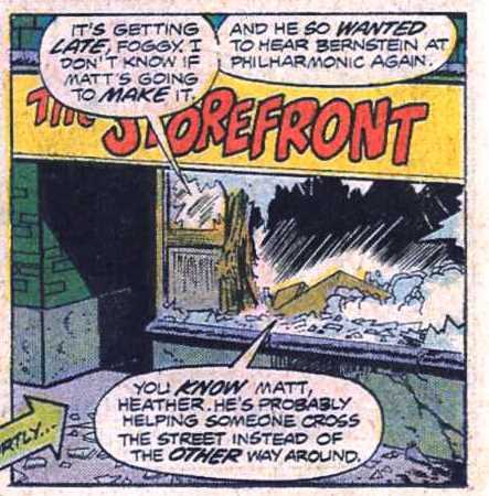 Wolfman also brought back the Foggy's witty sister, Candace Nelson.And speaking of Foggy, after a long period in the DA's office, he and Matt returned to their old partnership, opening a pro bono legal clinic, called "The Storefront".DD #130 (1976)DD #132 (1976)DD #142 (1977)