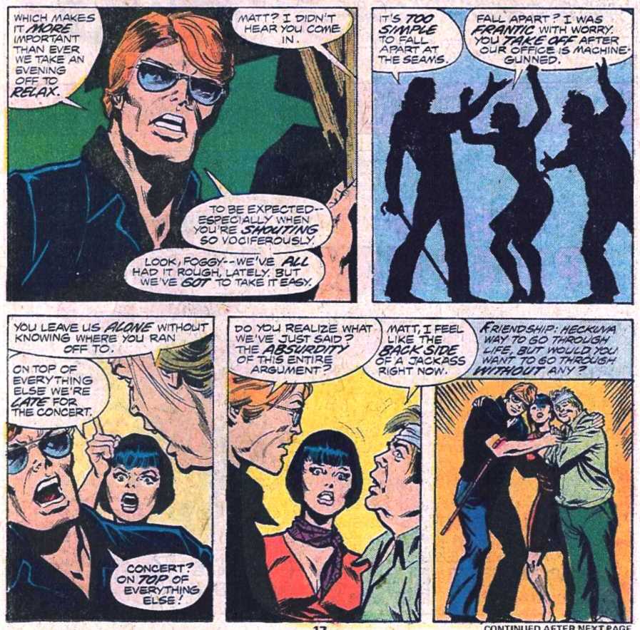 Wolfman also brought back the Foggy's witty sister, Candace Nelson.And speaking of Foggy, after a long period in the DA's office, he and Matt returned to their old partnership, opening a pro bono legal clinic, called "The Storefront".DD #130 (1976)DD #132 (1976)DD #142 (1977)