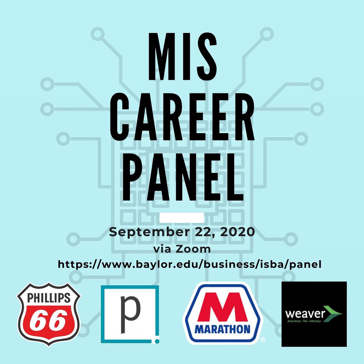 BaylorISBA's tweet photo. Interested in a career in MIS? Not sure how to find a job during the pandemic? 
Come join us at the MIS panel where company representatives will answer questions about the field and current job environment!

Be sure to RSVP to the event (link below)!

https://t.co/zr8p2c0QxU https://t.co/G4uCDX8LY1