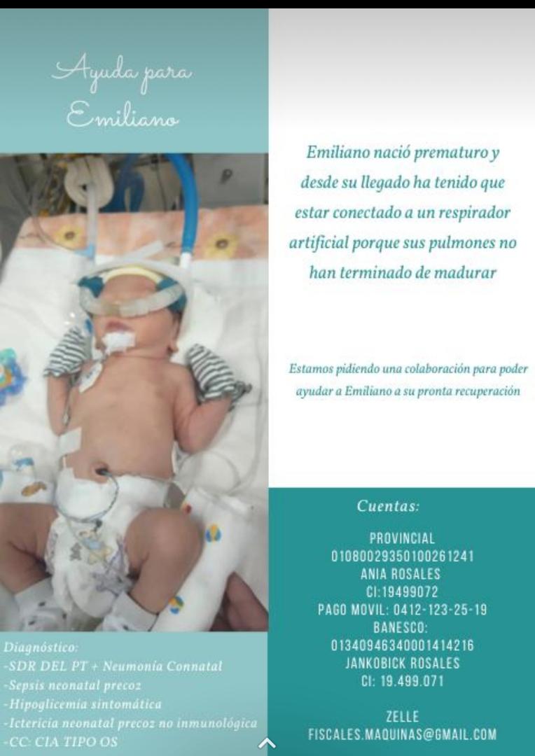 ElNacionalWeb's tweet photo. #ServicioPúblico Se solicita con carácter de urgencia para Emiliano, quien nació prematuro, ayuda económica. Se agradece a las personas o instituciones que puedan colaborar, comunicarse al siguiente número de teléfono: 04121232519 https://t.co/NFPa3LfJW5