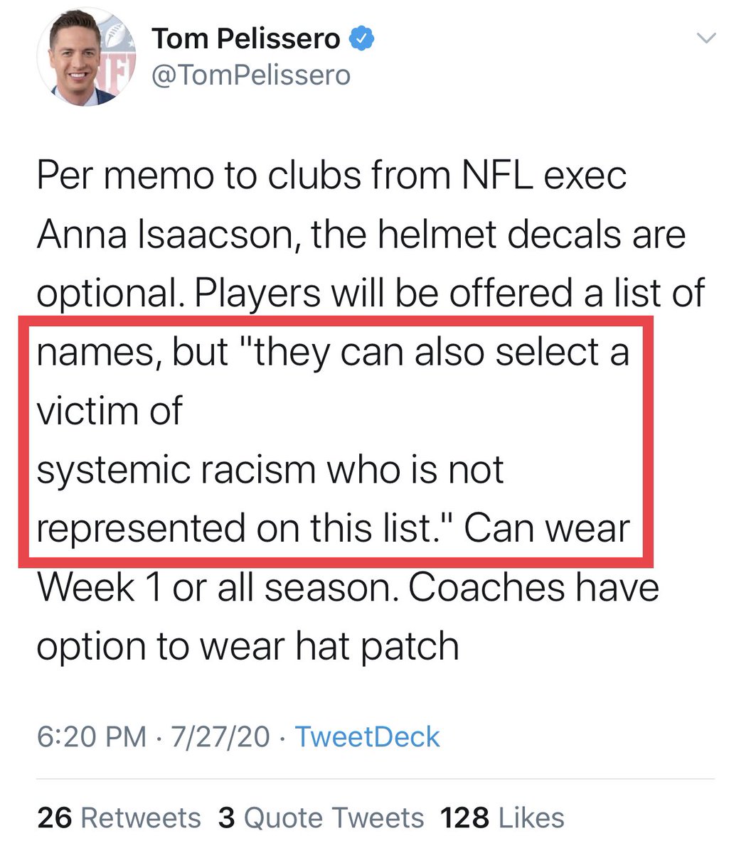 NFL exec Anna Isaacson said the decals “amplify its social justice initiatives” and players can “select a *victim of systematic racism* who is not represented” on an NFL provided list. @tylereifert &  @AIfromBK, please explain how David Dorn is a victim of systemic racism.