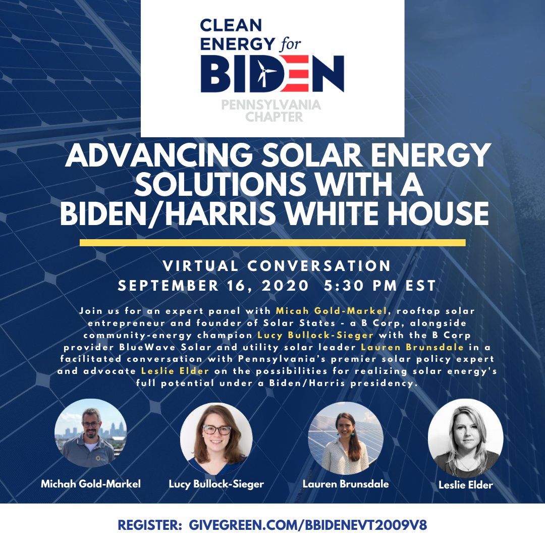CE4BidenPA's tweet photo. Please join panelists Michah Gold-Markel, Lucy Bullock-Sieger, Lauren Brunsdale, and Leslie Elder for our next virtual discussion on "Advancing Solar Energy Solutions with a Biden/Harris Whitehouse". 

Find more details and register here: 
https://t.co/Hq2Fatw2gx https://t.co/gki9u6aCOF