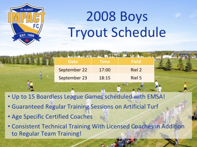 SASA_Impact's tweet photo. Interested in joining one of our two @Impact2008Boys teams? Pre-register for tryouts and come out. All tryouts take place at our main facility at 61 Riel Drive! https://t.co/LaHIAwnYHU