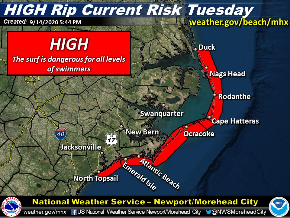 Water across Hwy 12 (image courtesy NCDOT) late today. The tropical map shows Cat 2 Hurricane Paulette well east of NC. Paulette will send swelld/rough surf toward the coast and will produce more scenes like this one over the next few days. High Threat of Rip Currents also!