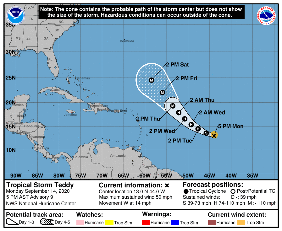 The latest  @NHC_Atlantic track has it turning north past 50W becoming a hurricane in 24 hours and a major hurricane by the end of the week. As of now, it looks like it stays OTS with it being a threat to Bermuda next week. 2/