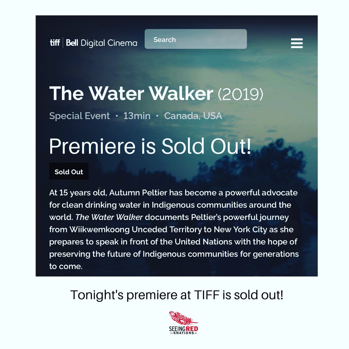 StevieSalas's tweet photo. I'm super excited to announce that tonight's premiere of The Water Walker at @tiff_net is SOLD OUT! Huge thanks to our creative team @seeingred6nations and to everyone at the Toronto International Film Festival. #autumnpeltier #thewaterwalker #TIFF20 #seeingred6nations https://t.co/sfCQ1tsK2b