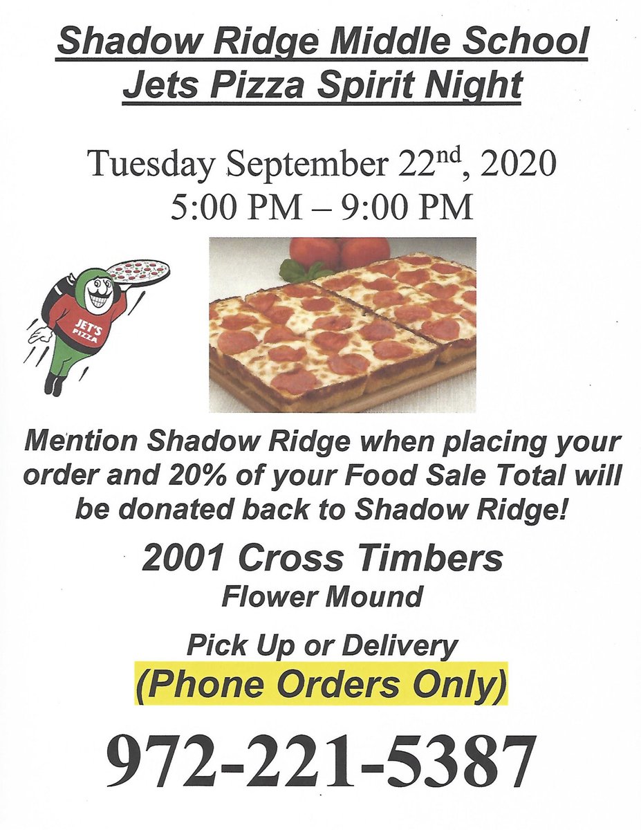 Parents - save time &amp; raise money for Shadow Ridge by picking up dinner at Jet's Pizza next Tuesday, September 22nd!  See the flyer below for more details!