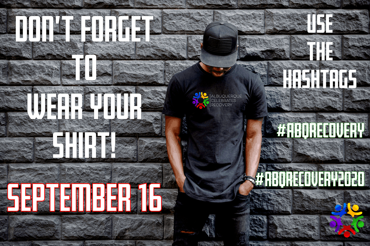 ABQRecovery's tweet photo. Don't forget to wear your ACR shirt on September 16th and post to social media with the hashtags #abqrecovery and #abqrecovery2020. We will be posting a collage of all of the people wearing their various recovery shirts later in the month!

#abqrecovery #abqrecovery2020 https://t.co/fasYburZu5