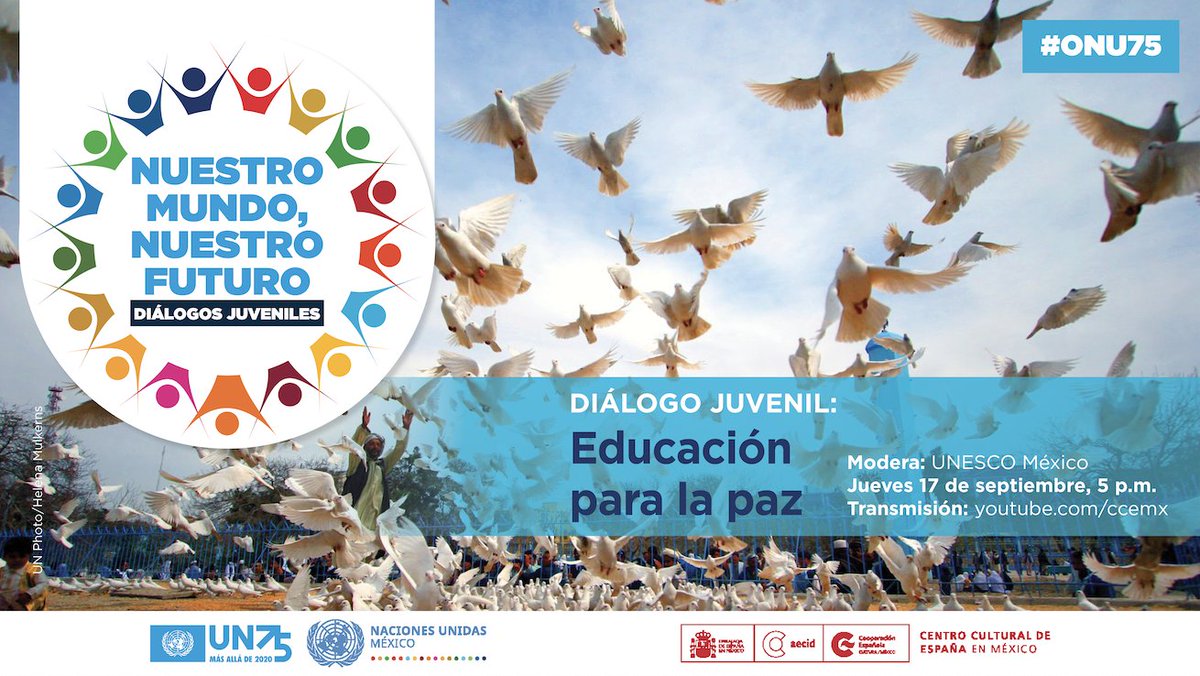 ONUMX's tweet photo. 🕊️ ¿Qué obstáculos identificas para tener una vida pacífica y justa? ¿Qué rol desempeñan las juventudes?  Participa en la conversación #NuestroMundo #NuestroFuturo #ONU75 🙌 
🗓️ 17 de septiembre, 5 p.m. 
Registro: https://t.co/RhF6f5gwUa 
Más información:… https://t.co/q15k7GiDLP