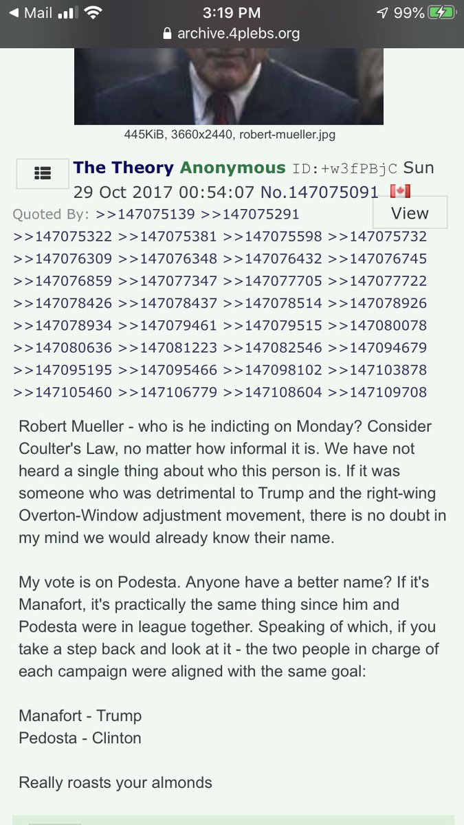 PART A: THREAD CONTEXTThere's a LOT to unpack in the OP for this thread. Like the first thread Q responded to, it speculates about the Mueller investigation; also like the first one, it suggests that in fact Mueller was investigating *Dems*.Thread: https://archive.4plebs.org/pol/thread/147075091/