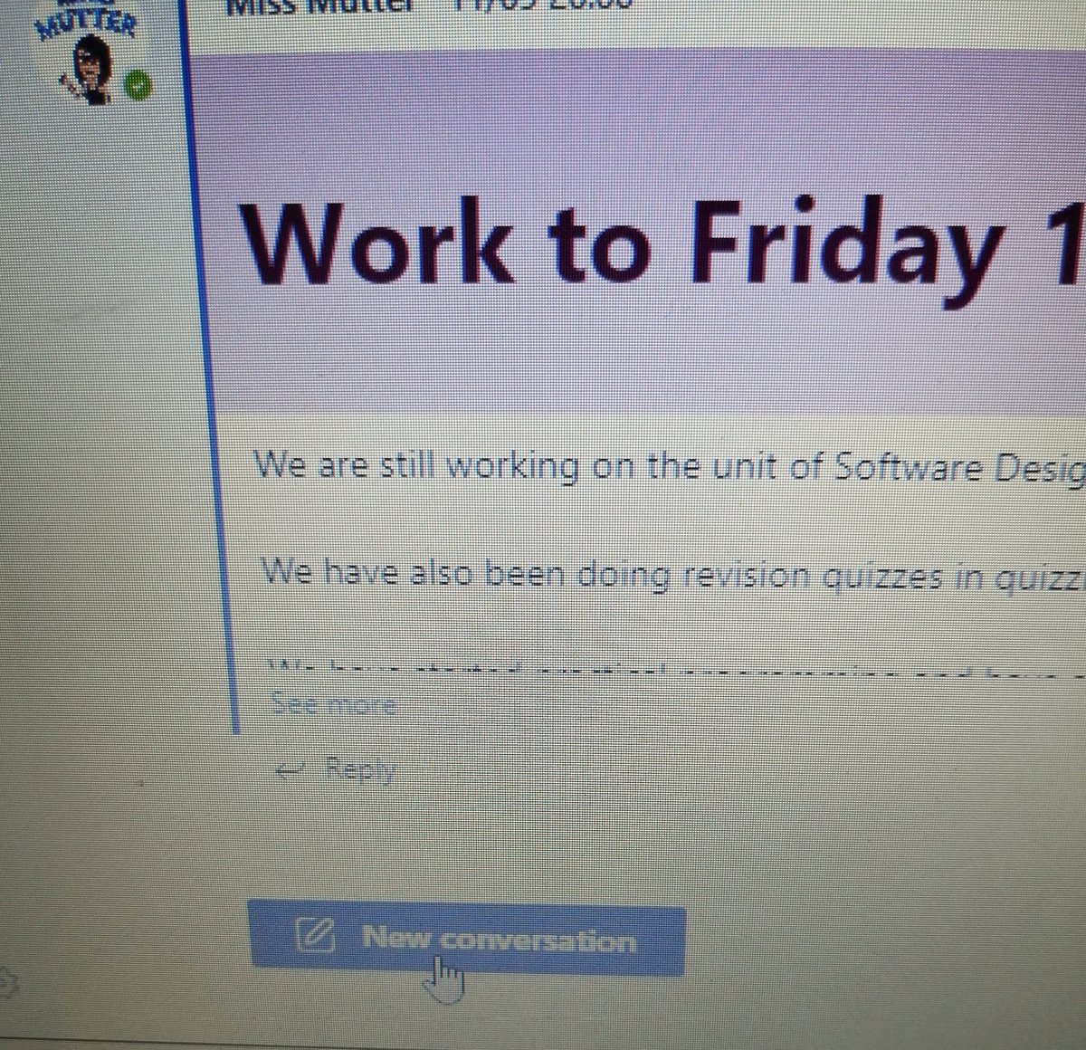 FHSComputing's tweet photo. @MicrosoftTeams update today and the New Conversation button has appeared #thankyou #easiertouse #teamMIEEScotland #MIEExpert https://t.co/we75ZUQ5ey
