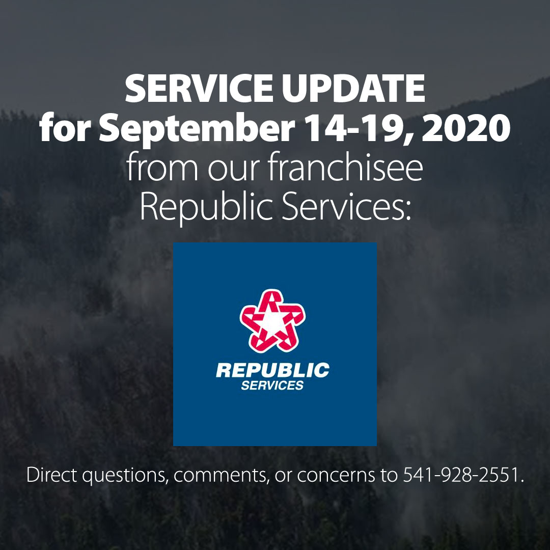As you may know, our franchisee Republic Services did not run routes in Albany today due to poor air quality. Currently their plan is to bump all customers out by one day, working through Saturday this week. If this changes we will post an update. Call 541-928-2551 for more info.